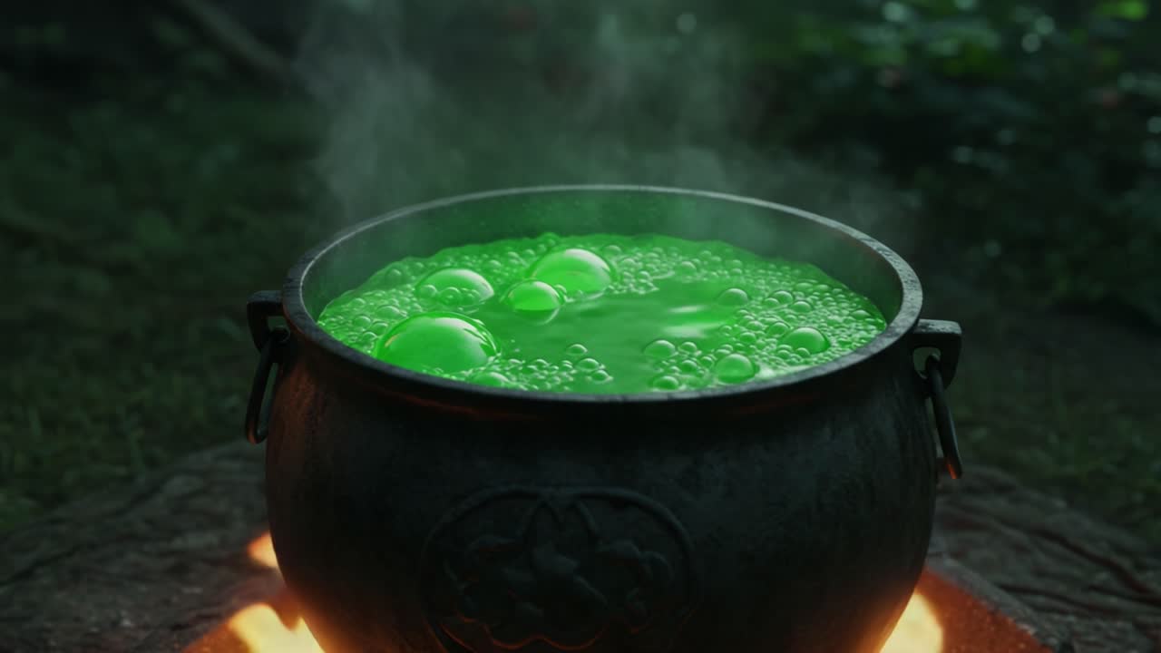 A Mysterious Cauldron Simmering with Vibrant Green Liquid and Bubbles, Surrounded by Flickering Flames in a Dark Forest Setting, Creating an Enigmatic Atmosphere