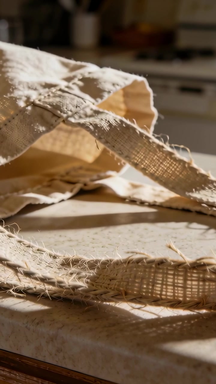 Video verticale: Telecamera che si sposta rivelando una borsa tote beige su un bancone maculato, mostrando una tracolla sfilacciata.