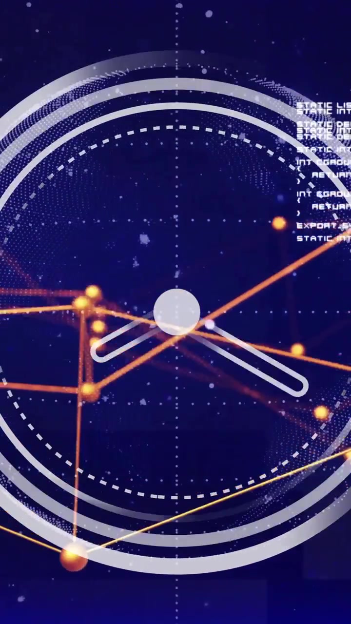 Animazione di una rete di connessioni su orologio ed elaborazione dati su sfondo nero.