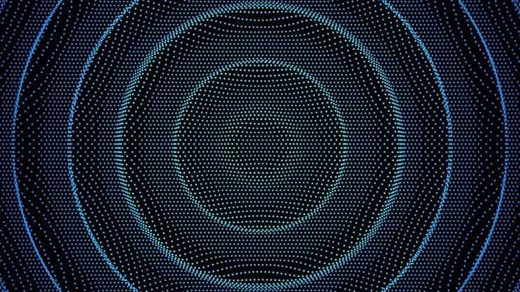 Esfera abstrata de partículas azuis brilhantes sobre fundo preto. Renderização 3D de grade circular de pontos formando um padrão de onda concêntrica. Conceito de tecnologia digital futurista para ciência, IA e fundos de visualização de dados.