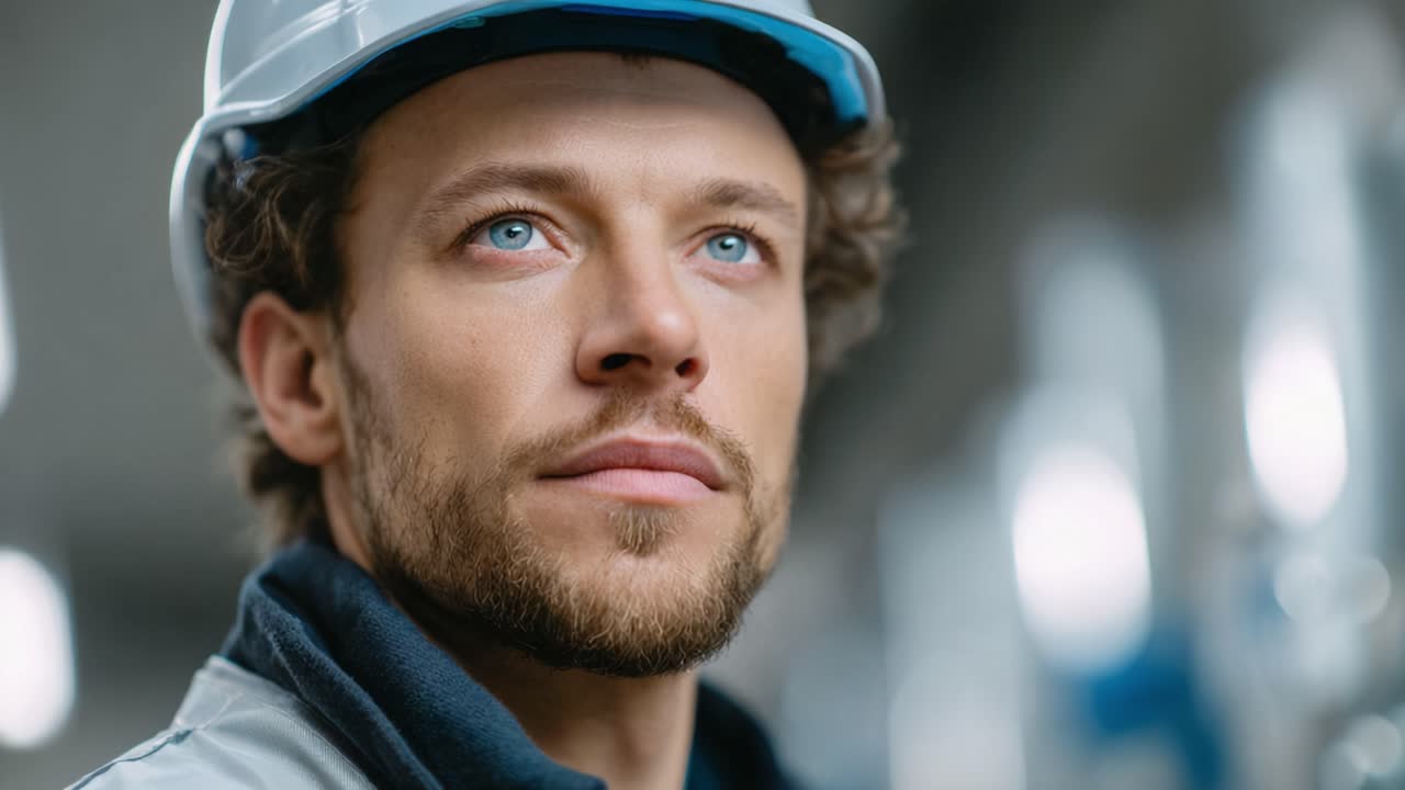 A thoughtful worker wearing a safety helmet gazes upward, reflecting on his responsibilities and future in a modern industrial environment