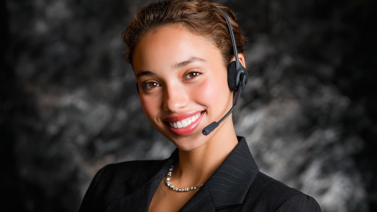 Professional Young Woman with Headset Smiling Confidently in a Business Setting, Showcasing Modern Communication Skills and Customer Engagement Excellence