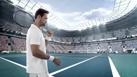 tennis player tossing a ball in the air while holding his racquet