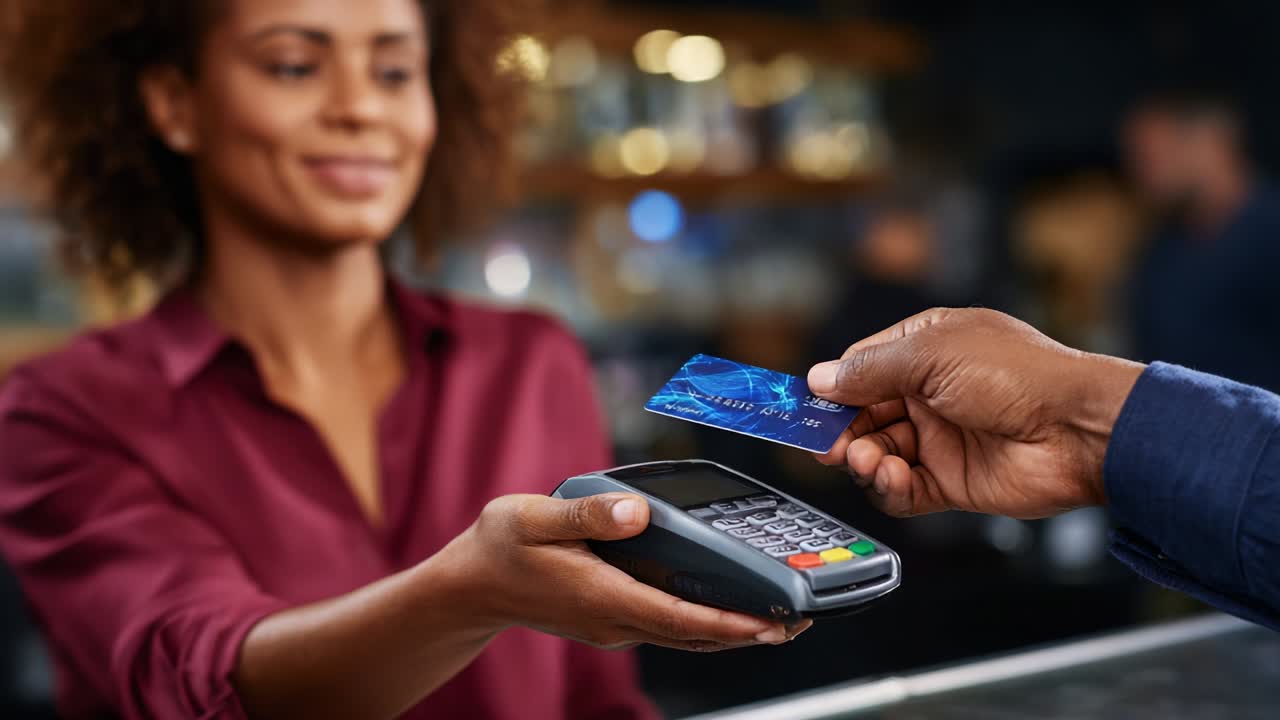 A woman with curly hair interacts with a customer at a counter, facilitating a card payment using a modern card reader device, showcasing the seamless transaction experience in a contemporary retail environment