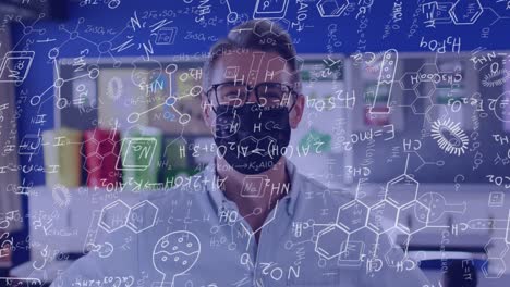 animation of mathematical equations over caucasian male teacher with face mask in classroom