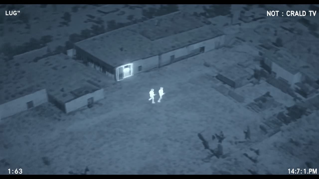 Two figures are moving stealthily across a dark landscape, navigating between structures in a coordinated motion sequence, showcasing tactical movement