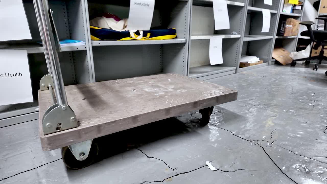 Carrello metallico in area di stoccaggio nel seminterrato di un ufficio con scaffali, pavimento in cemento grigio e crepe visibili per casi d'uso industriali o commerciali
