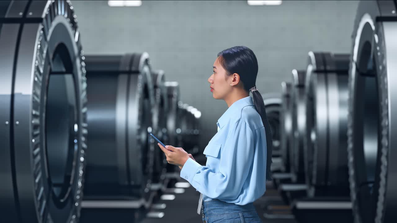 아시아 여성 전문 노동자가 금속 공장, 하이테크 산업 시설에 서서 눈을 뜨고 관찰합니다. 그 다음 그녀는 전화에 집중하고 계속 확인합니다.
