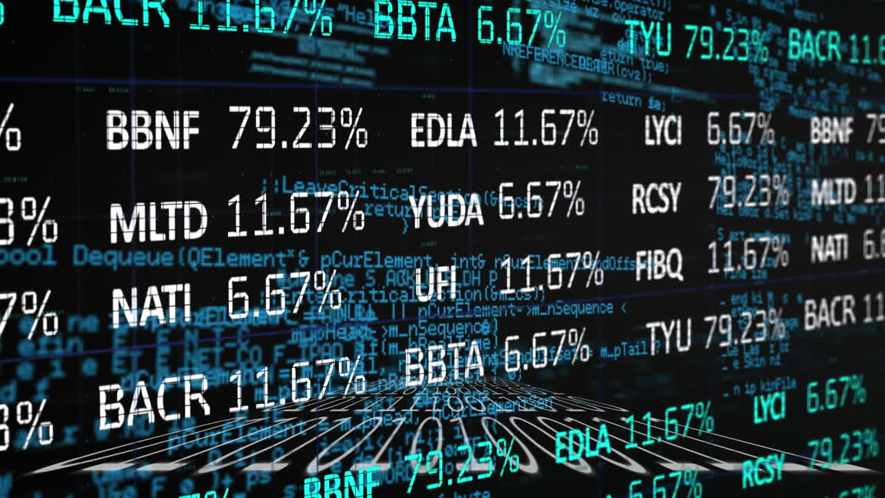 Animation of financial stock interface, over binary data and information processing