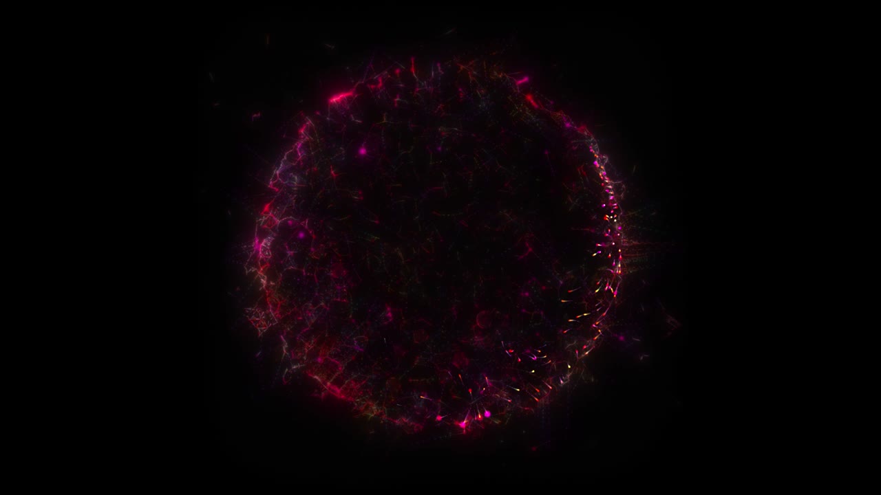 Seamless loop. Animation of a red circle portal, consisting of particles and bursts of energy, isolated on black background with alpha luma matte VFX CG 4k. Space door. Constellations. Galaxy.