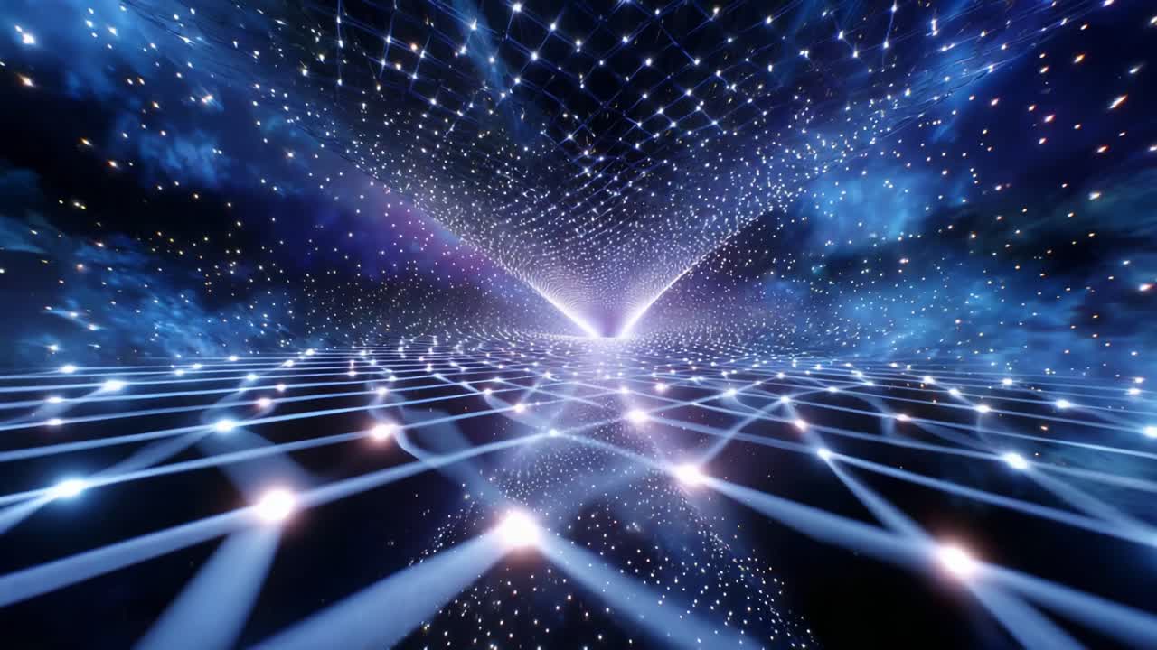 Exploring the Infinite Cosmic Grid: A Stunning Visualization of Deep Space, Light Beams, and Vast Galaxies, Capturing the Essence of a Multidimensional Universe in Vibrant Colors and Patterns