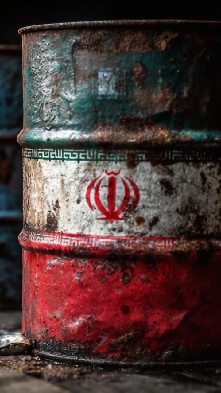Rustne industrielle olietønder med slidt overflade og symbolsk iransk flagdesign, optaget i dynamisk belysning for teksturel kontrast.