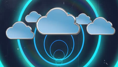 animation of blue neon geometrical shapes over clouds icons