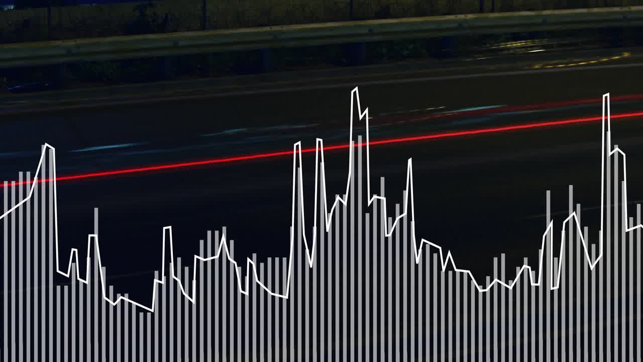 Audio visualizer pulsing on frame, triggered by red taillight, bars spiking to show traffic rhythm