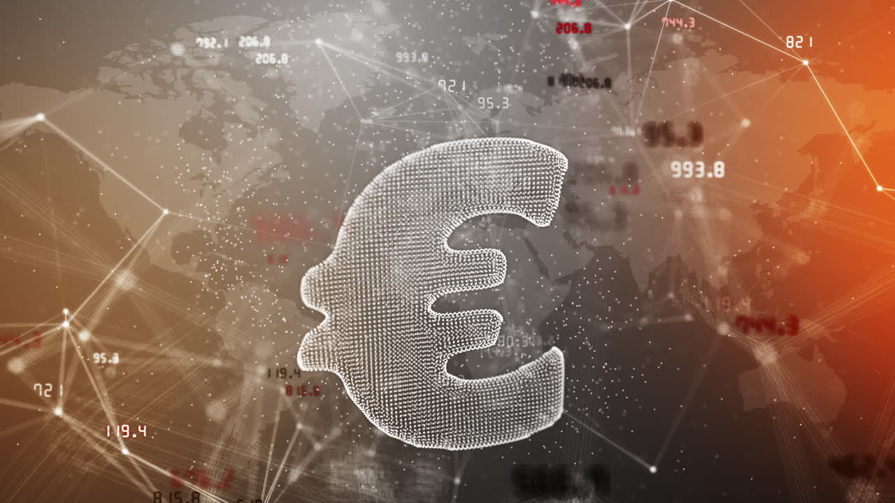 3D hologram of euro currency symbol on background with plexus lines and dots. Values of financial indicators of stock exchange are constantly changing. Abstract space motion graphics.