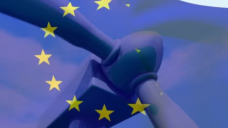 Animation-of-european-union-flag-over-rotating-wind-turbine