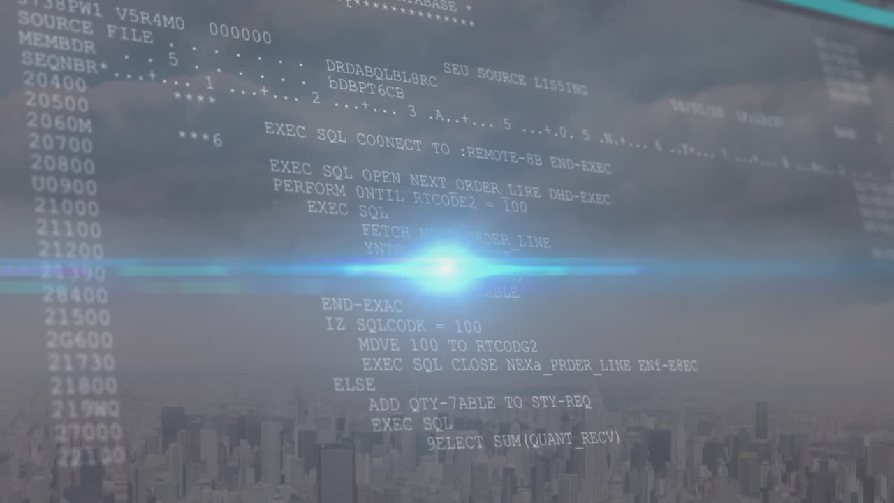 animación de números y procesamiento de datos sobre el paisaje urbano