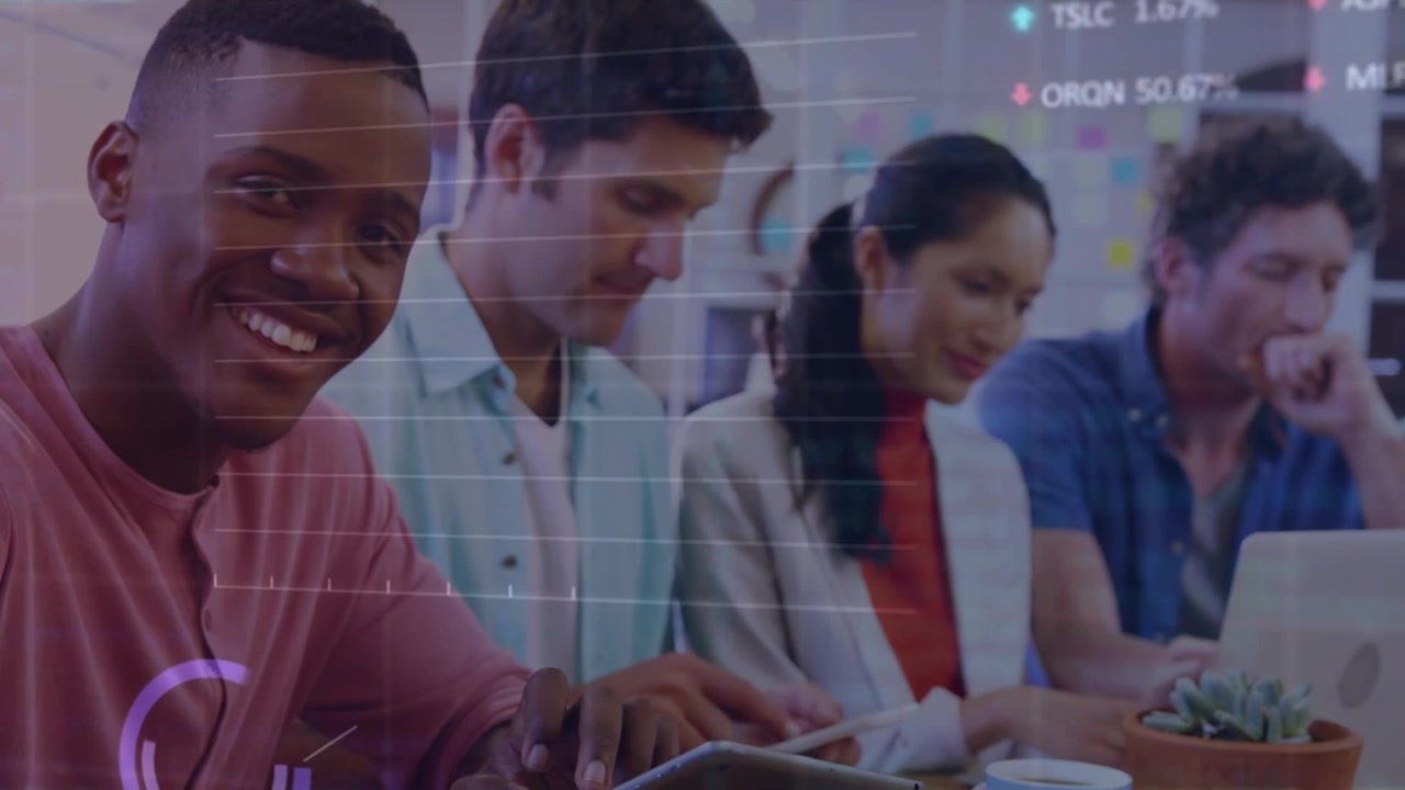 Animation of stock market data processing against using smartphone and smiling at office