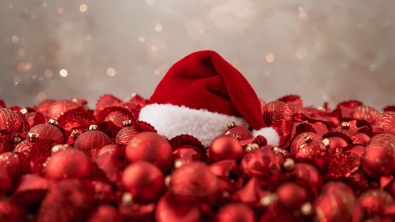 Obiettivo che si sposta in avanti modificando la messa a fuoco, concentrandosi sul cappello rosso da Babbo Natale con bordo bianco tra le decorazioni sulla tavola