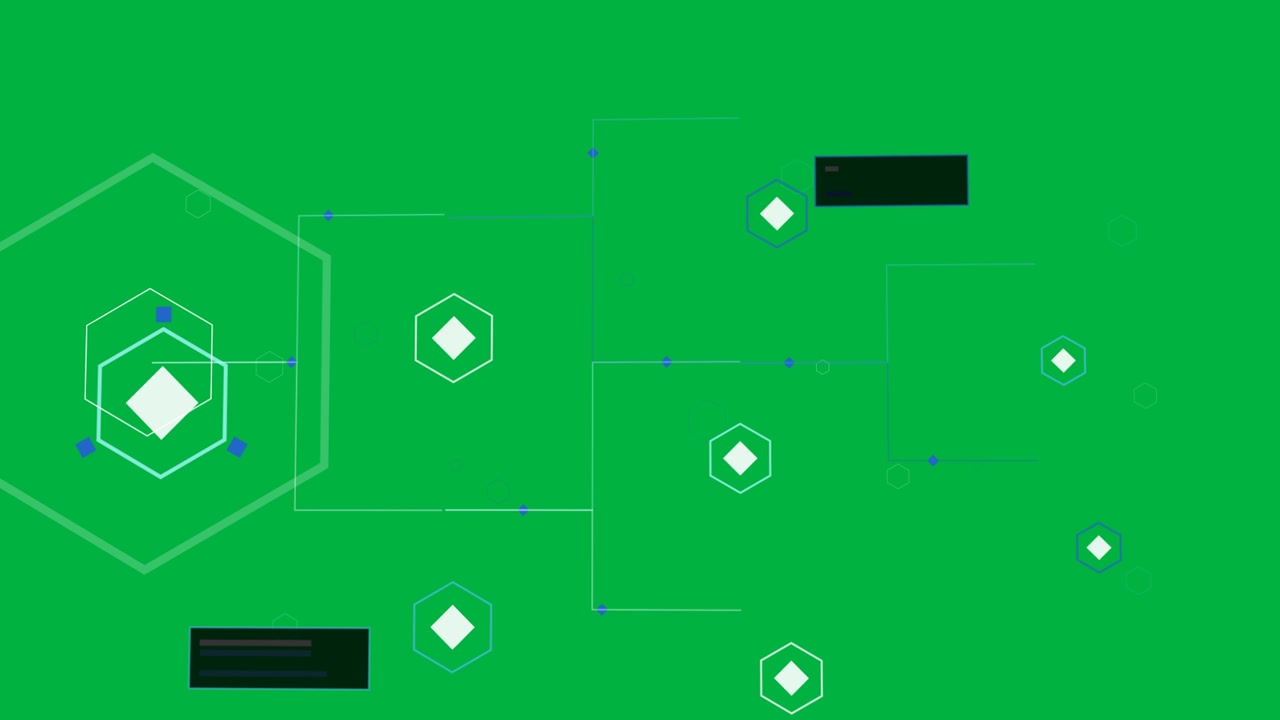 Hub esagonale sinistro pulsante, che invia frecce ai rami, mostrando un riquadro informativo per i dati nell'interfaccia utente, con spazio per il testo