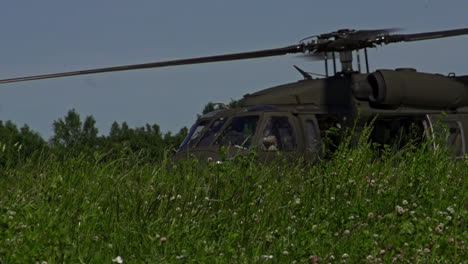 slow motion rotors spinning on blackhawk military helicopter in grass