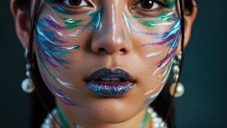 a captivating portrait of a young woman with vibrant face paint, glittery lips, and intricate design that evokes emotions and celebrates artistic expression