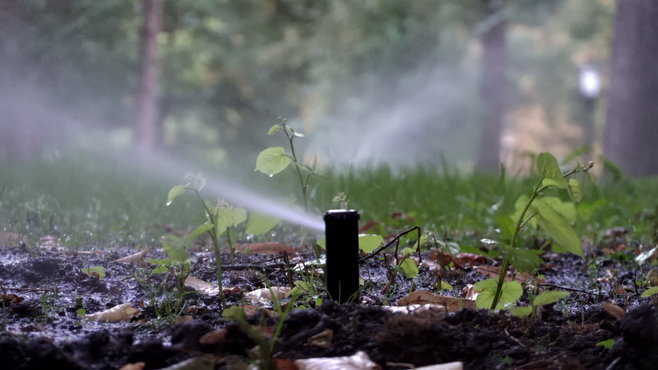 Close up of a garden sprinkler watering fresh green plants