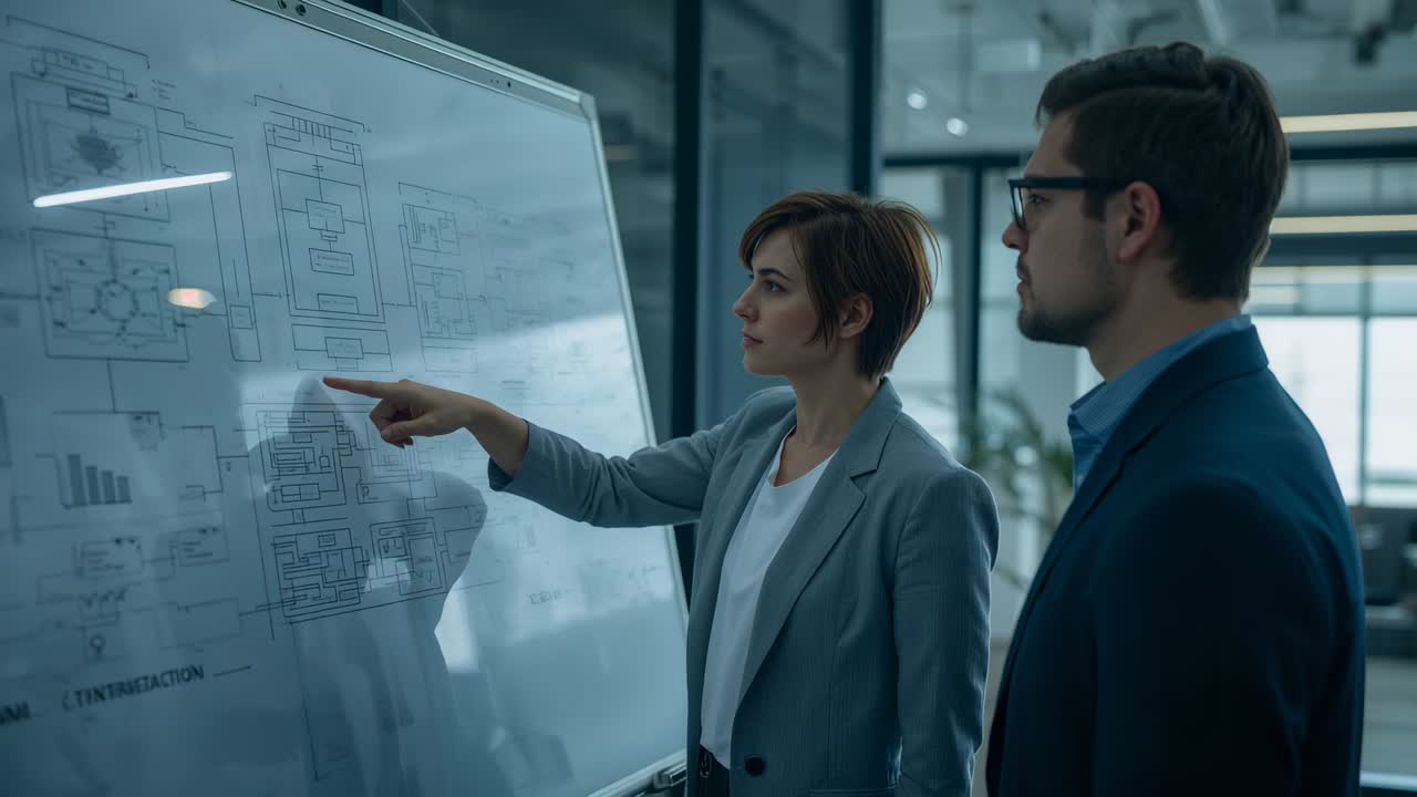 Starting woman pointing at glass board, explaining diagram to peer in blazers at office, copy space