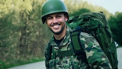 a soldier in camouflage uniform with a backpack and helmet stands in a forest.