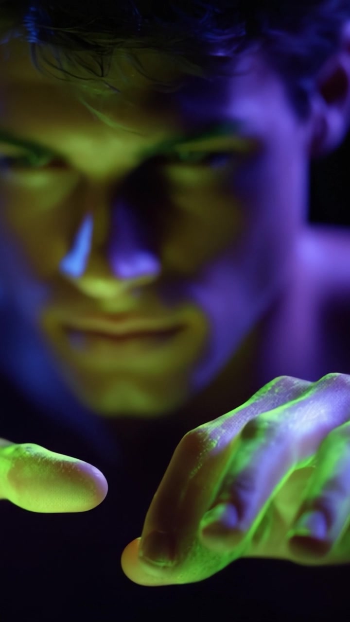 Un ritratto ravvicinato di un giovane uomo con illuminazione al neon, espressione concentrata e mani protese, creando un'atmosfera misteriosa ed enigmatica in un ambiente scuro