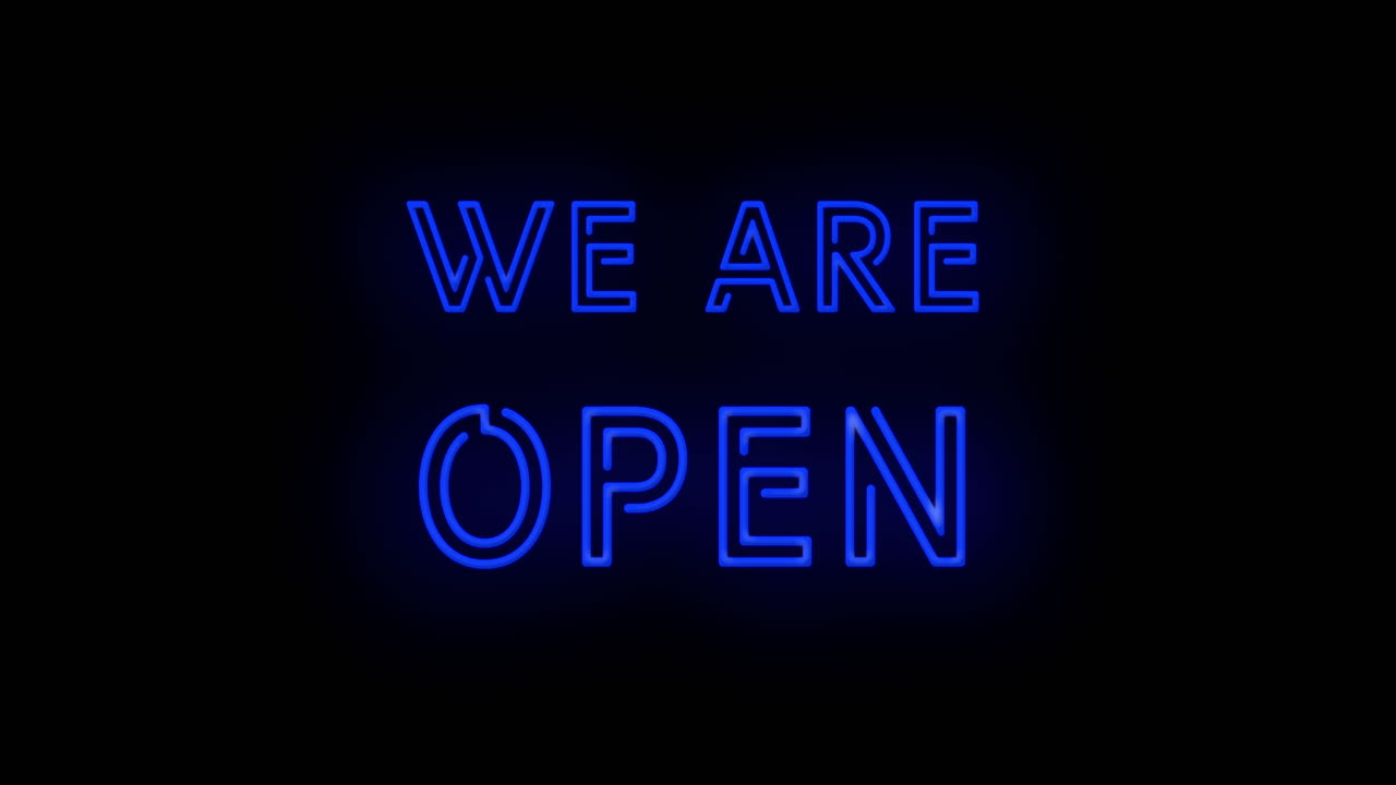azul parpadeante estamos abiertos letrero de neón encendido y apagado con parpadeo