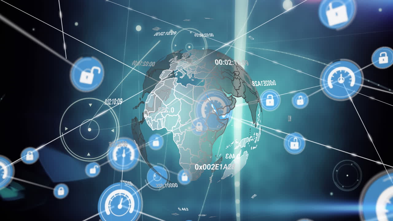 회전하는 지구와 검은 바탕에 파란 빛의 점 위에 디지털 아이콘 네트워크의 애니메이션