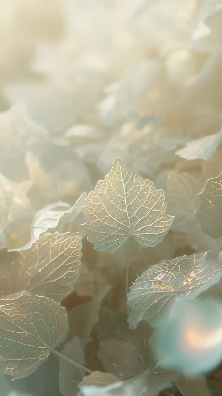 Vertical video: Glowing central heart-shaped leaf revealing veins in warm sun garden, with bokeh