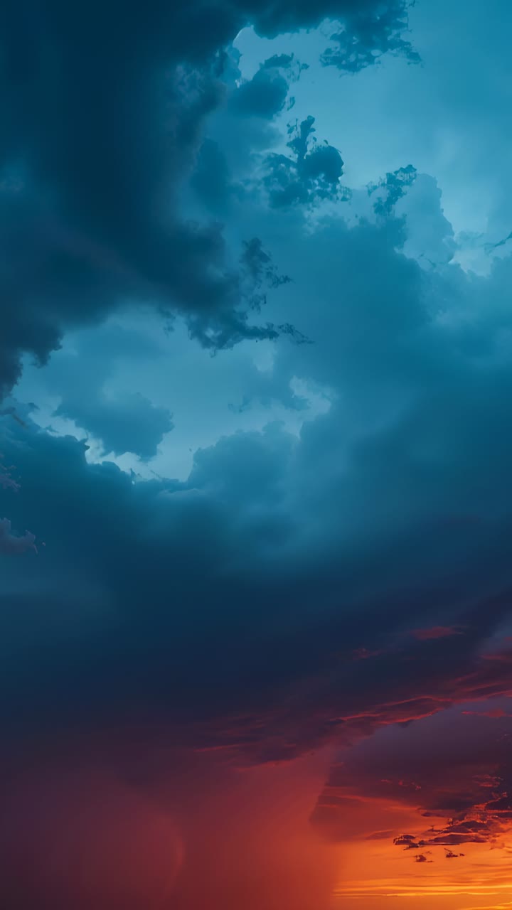 Vertical video: Sunset glow driving storm cloud shifting across sky near horizon, producing rain