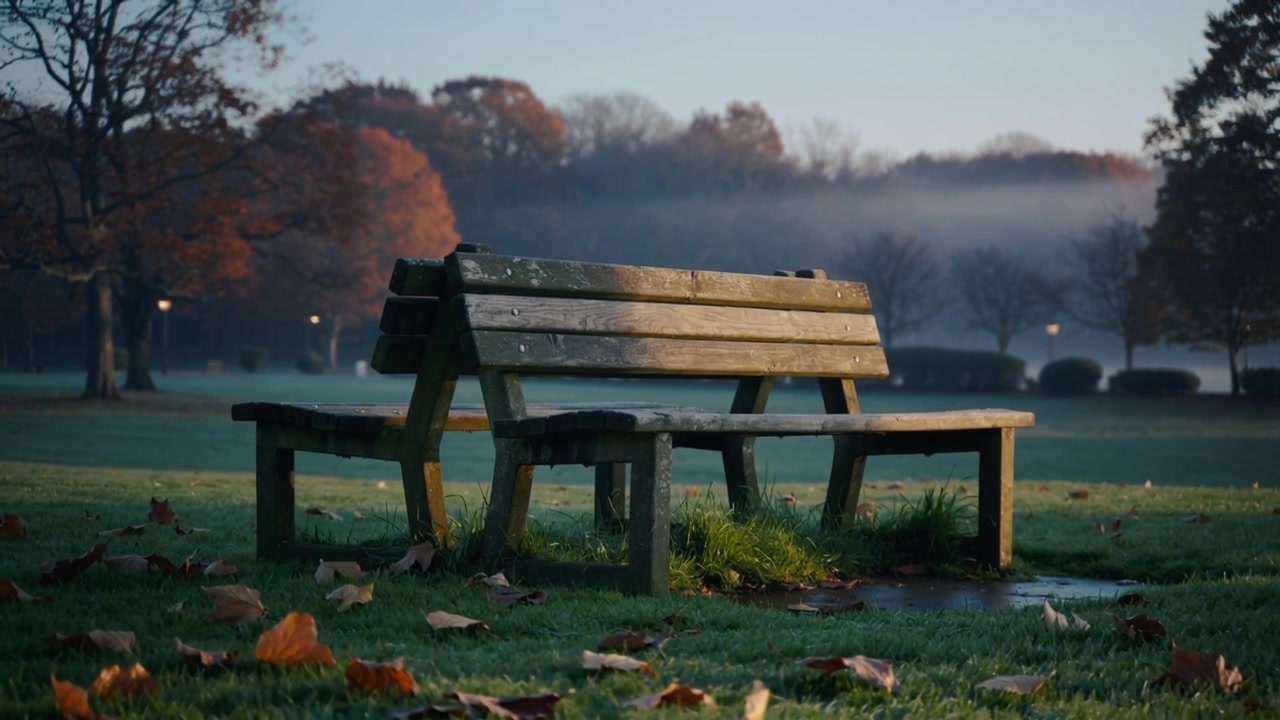 Moving camera approaching wooden park bench at park, sun rising, mist lifting, revealing wood grain