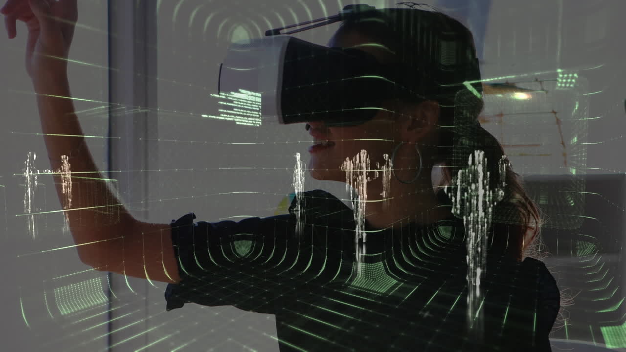 Animace zpracování finančních dat přes obchodnici používající VR headset