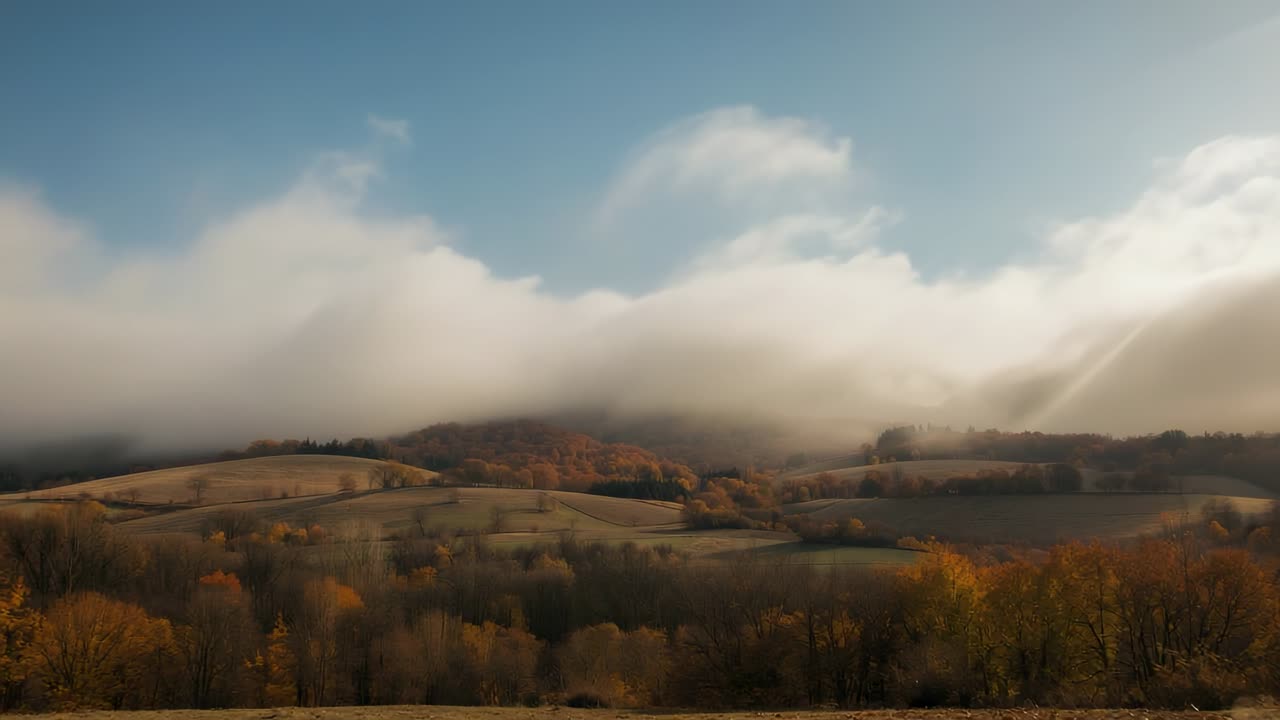 Emerging fog bank rolling down over autumn hillside valley, with sunbeams piercing golden foliage