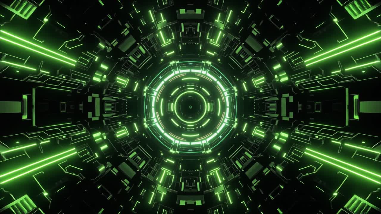 Volare attraverso un tunnel digitale futuristico al neon verde