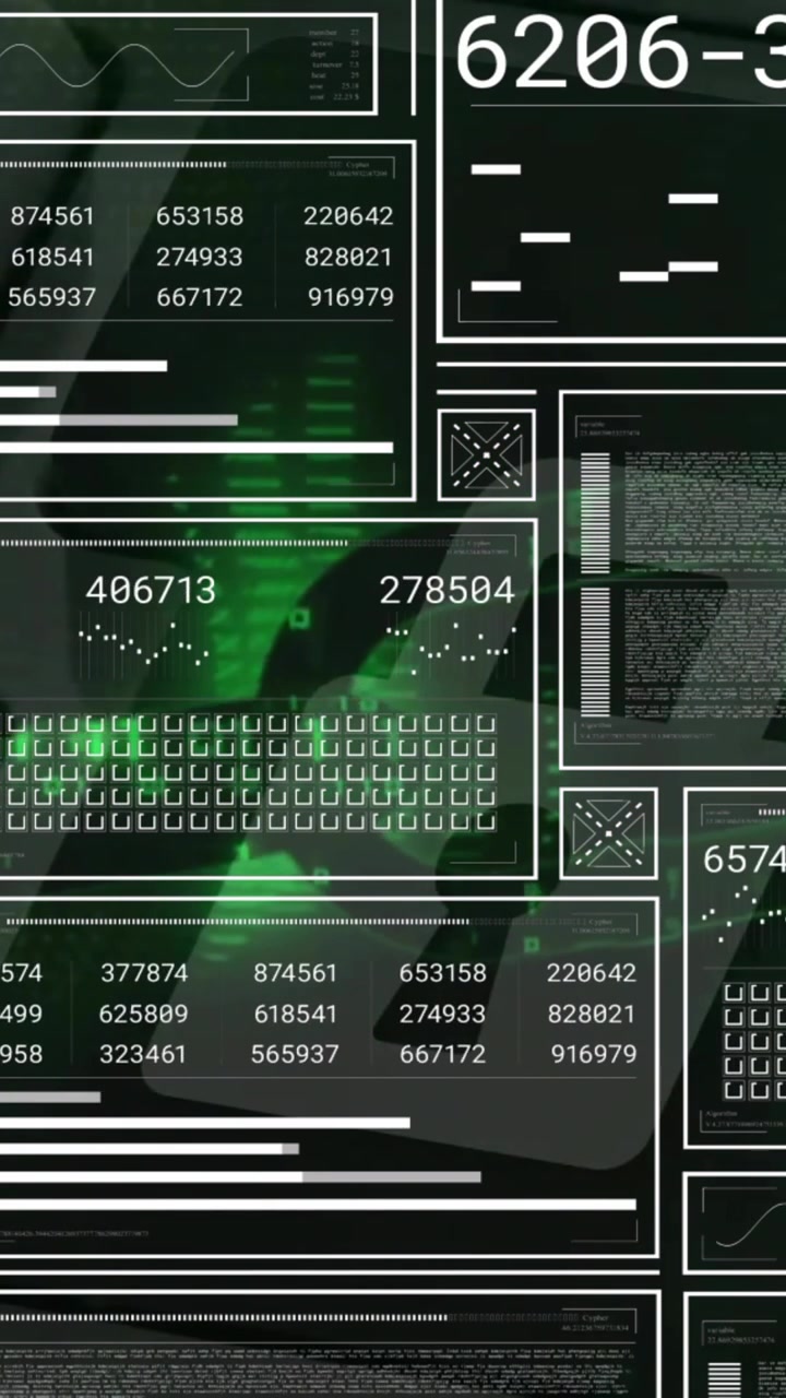 Animation of interface screen charts and processing data over green lights on black