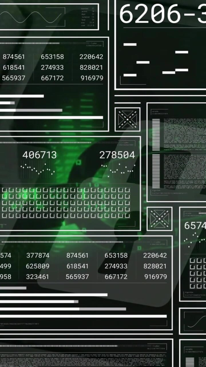 Animation of interface screen charts and processing data over green lights on black