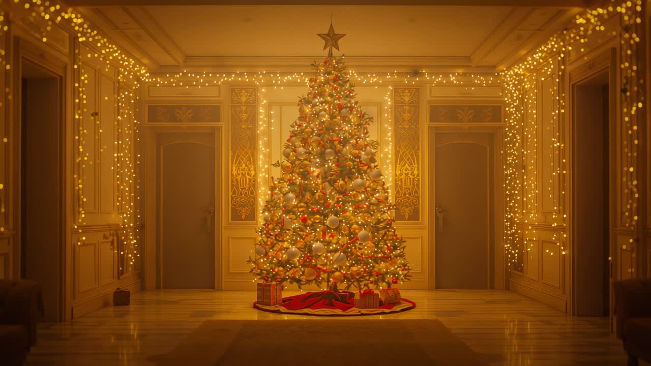 String lights starting to twinkle on Christmas tree in elegant hall, pulsing creating festive mood