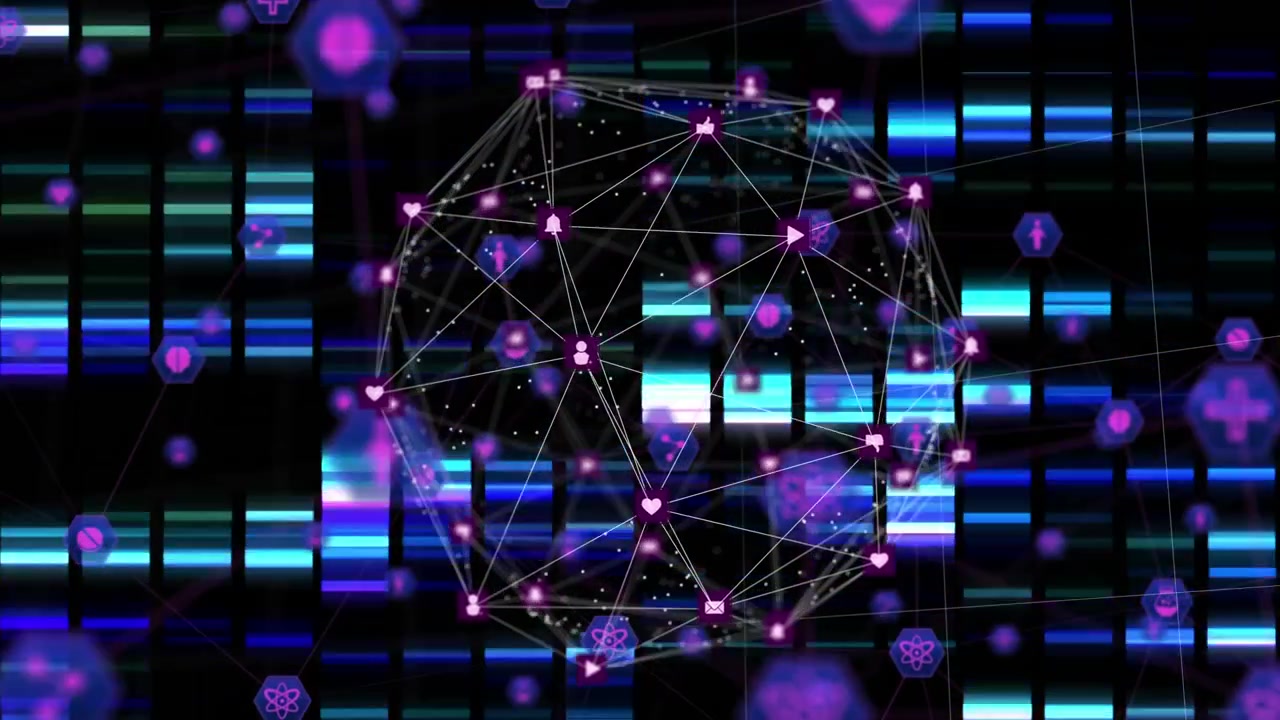 Animazione di elaborazione dati e icone su sfondo nero