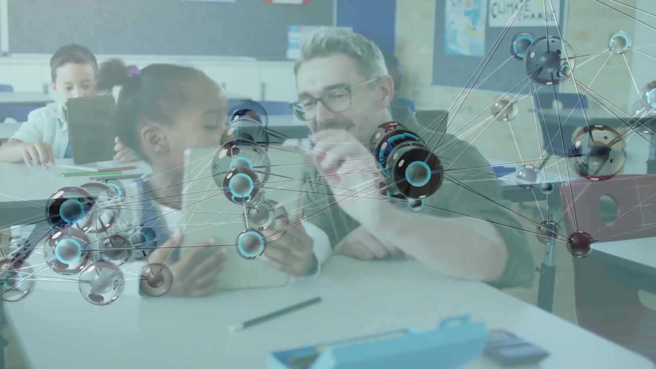 Teacher leaning over tablet, guiding girl tapping screen in school with animated overlay passing by