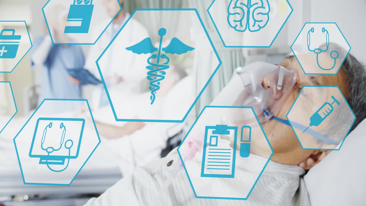 Animation of medical icons over diverse doctors and patients in hospital