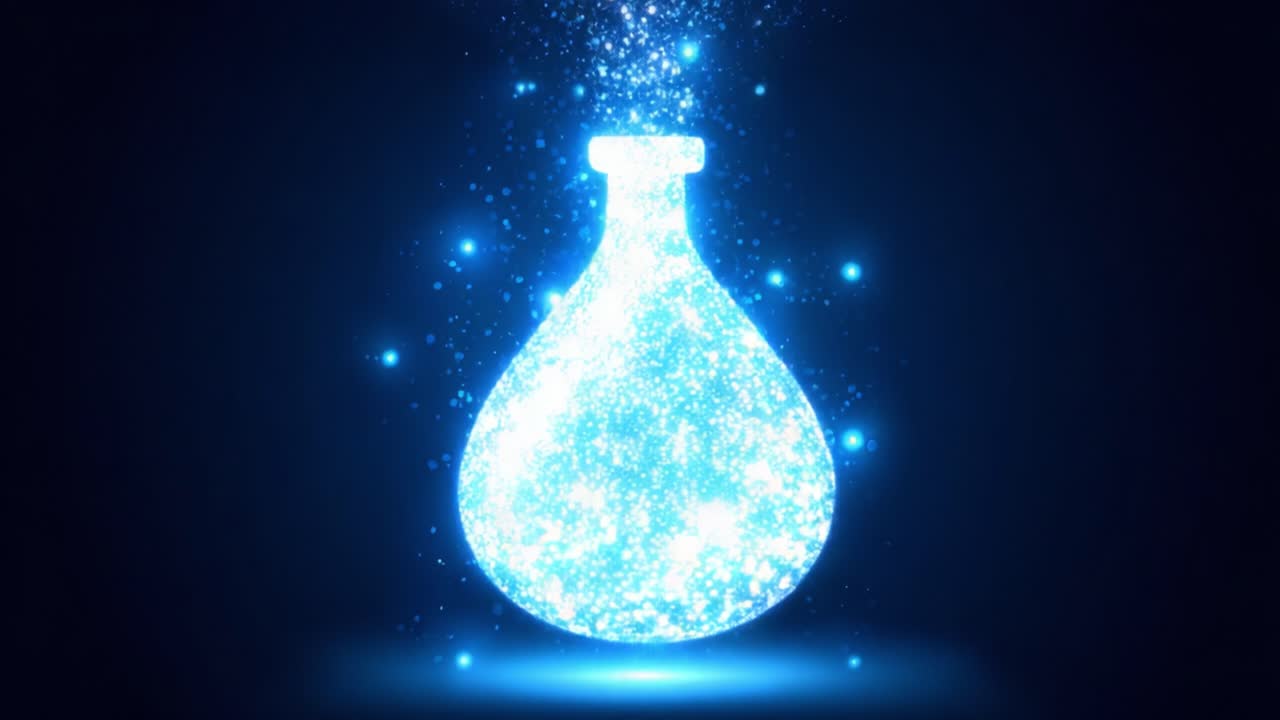 A Captivating Glowing Potion in a Mystical Flask, Emitting a Brilliant Light and Sparkling Particles, Set Against a Deep Blue Background