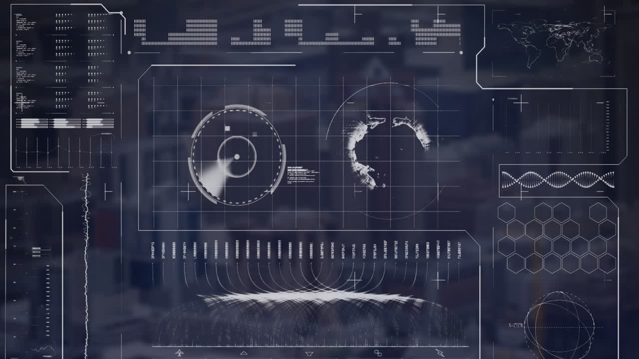 Animation of radar, globe, loading bars over modern city in background