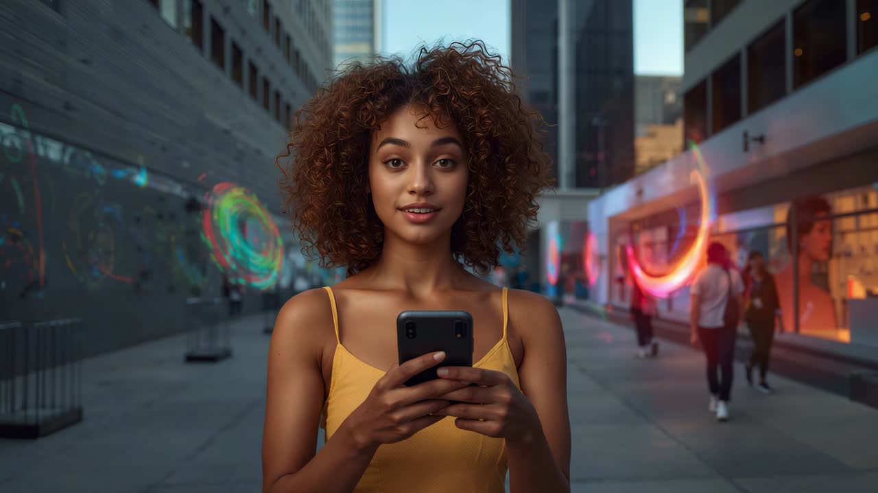 Tapping woman in yellow top holding black smartphone, checking texts in urban corridor with neon