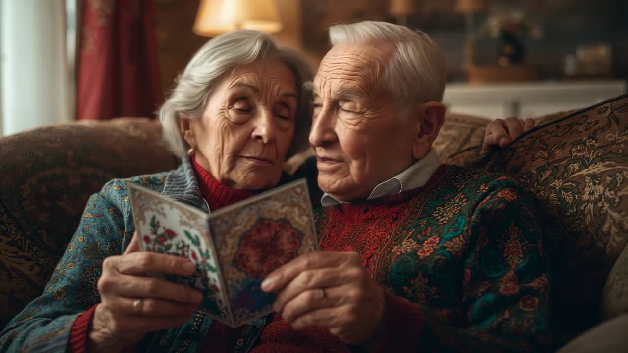 Opening ornate greeting card, senior couple leaning on sofa in cozy living room, sharing moment