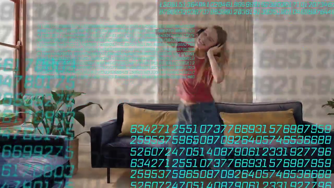Woman placing headset, dancing to music while teal numeric overlay growing, obscuring her
