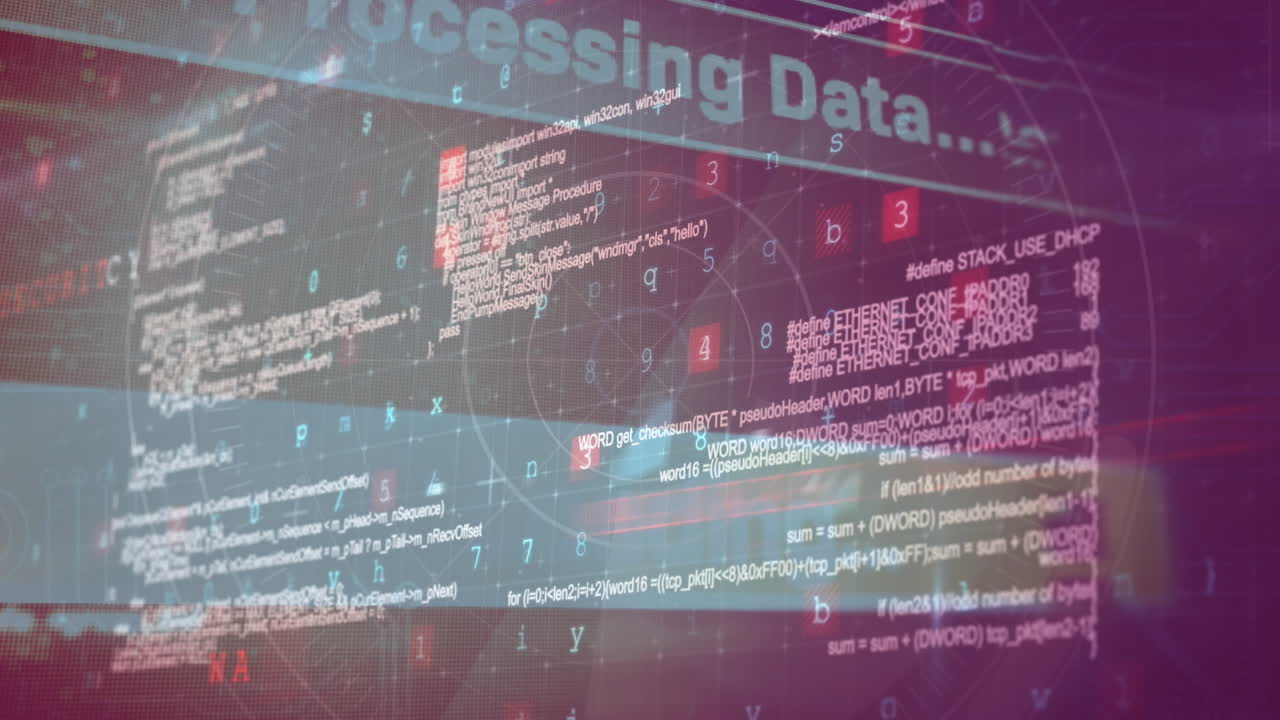 animación del lenguaje informático en múltiples textos, símbolos, letras, números contra el radar.